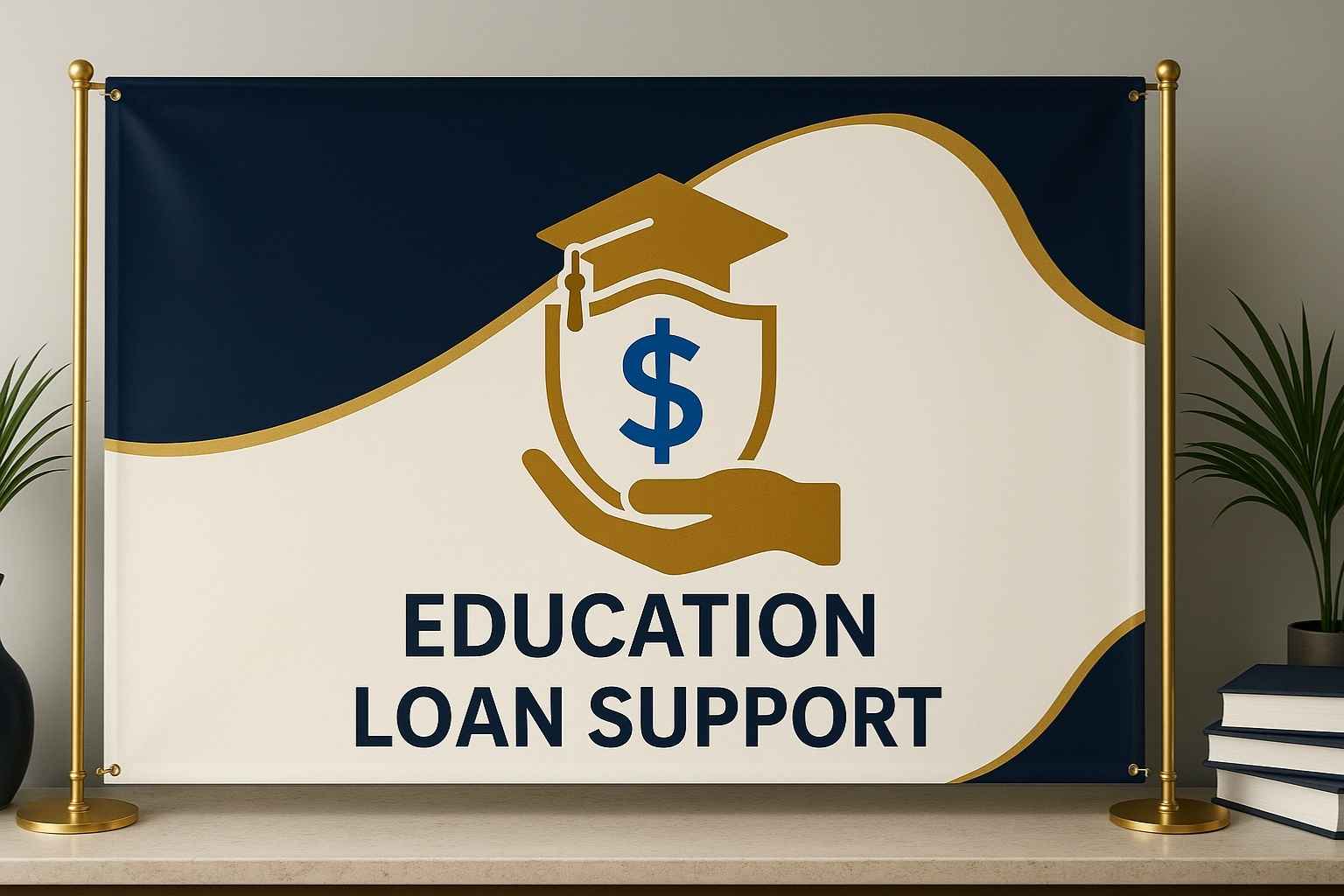 An icon depicting a hand holding a shield with a graduation cap and a dollar sign, symbolizing financial assistance for education. The text below reads "Education Loan Support."